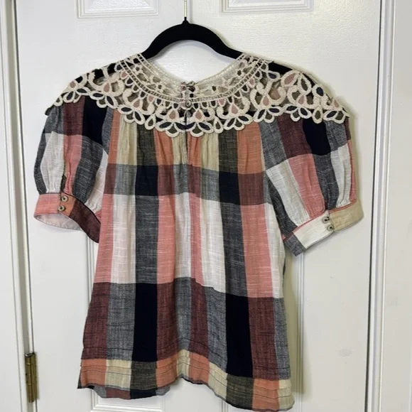 Anthropologie Pink and Black Puff Sleeve Blouse with Bib Collar - Picture 11 of 13